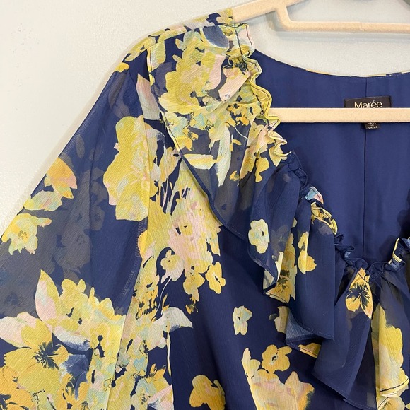 MAREE Blouse 14 Georgette Floral Ruffle Cinch Waist Peplum Long Sleeves Blue NWT - Picture 3 of 9